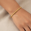 Pulsera dorada fina y abierta, diseño de brazalete de bolitas pequeñas con finas estrías y acabado brillante