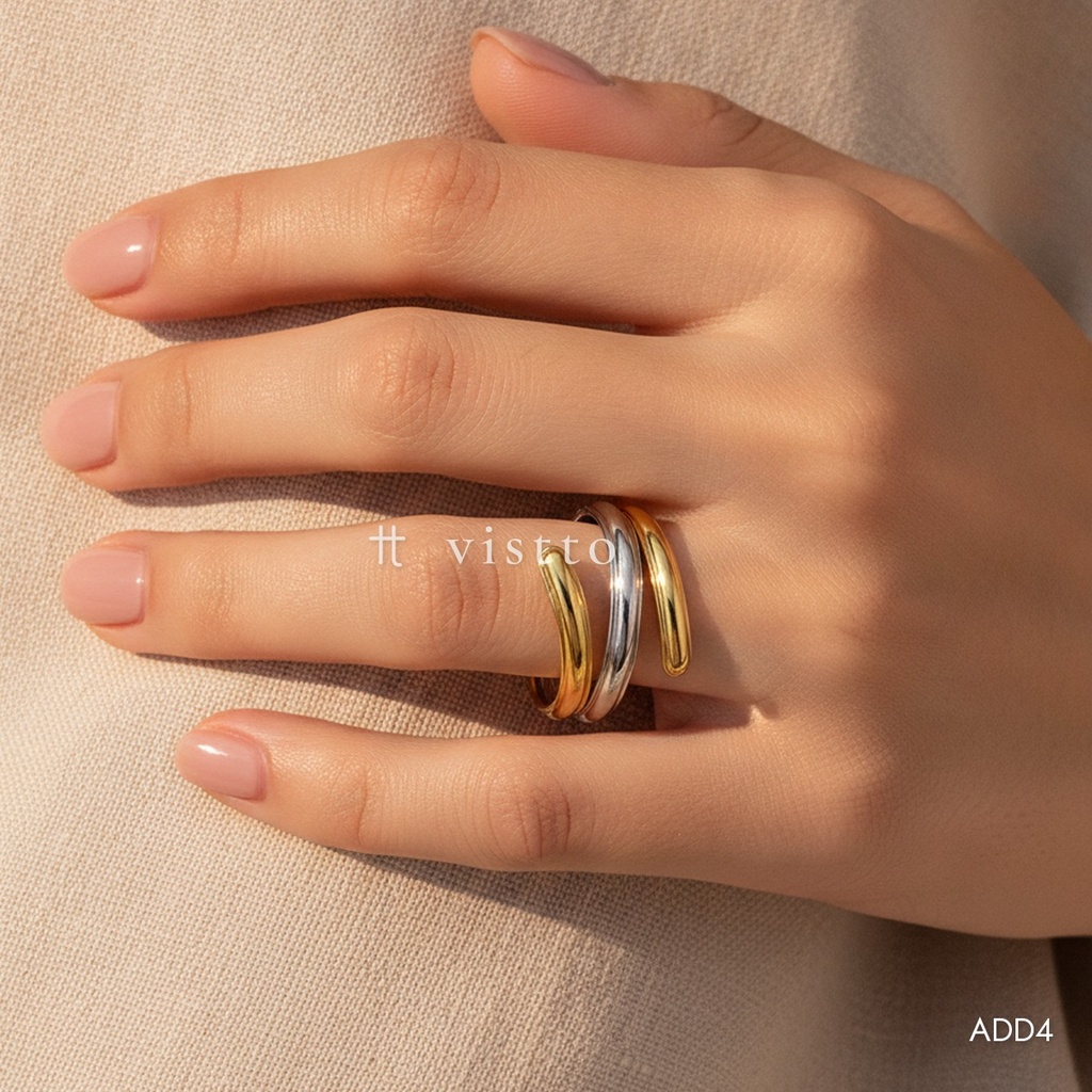 Anillo bicolor abierto,tres líneas lisas, dorado y plateado