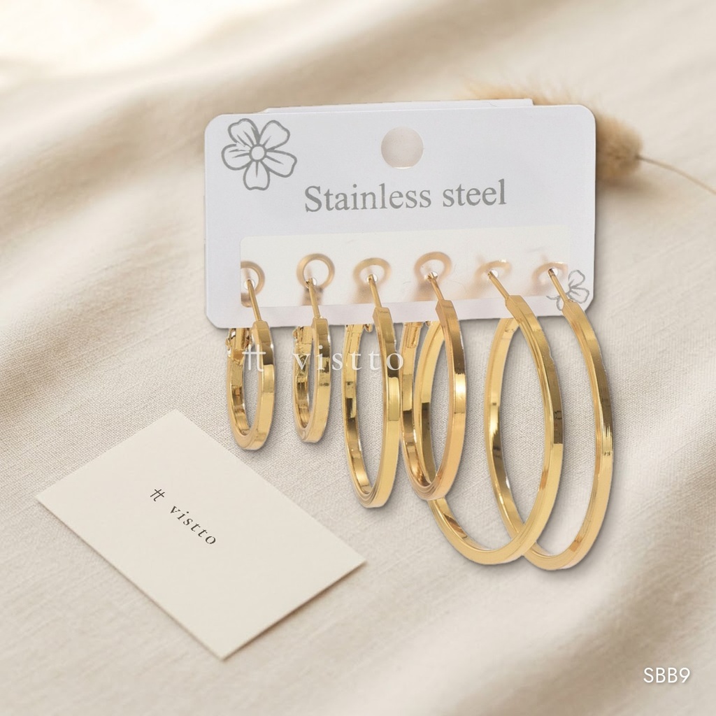 [SBB9] Set de tres pares de zarcillos dorados, argollas banda plana