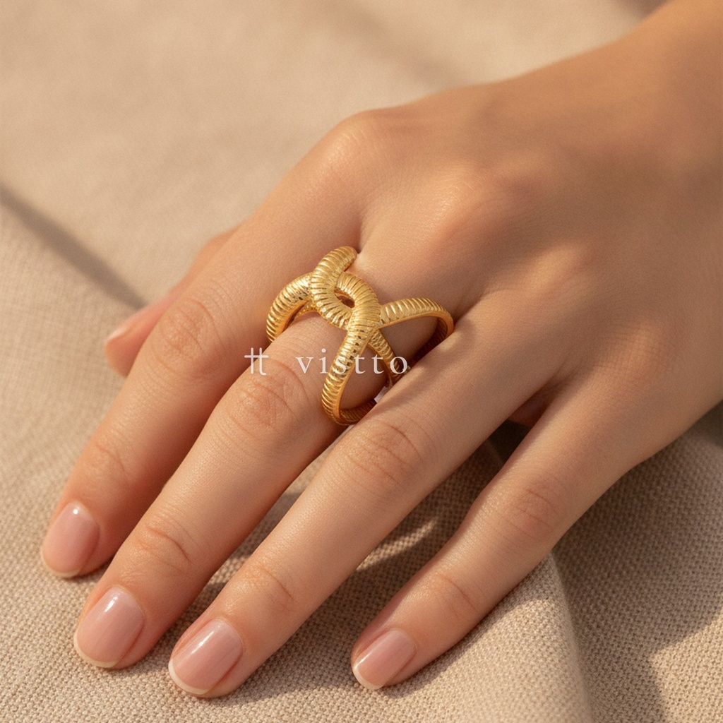 Anillo dorado ancho y abierto, diseño de dos aros entrelazados con textura acanalada y acabado brillante