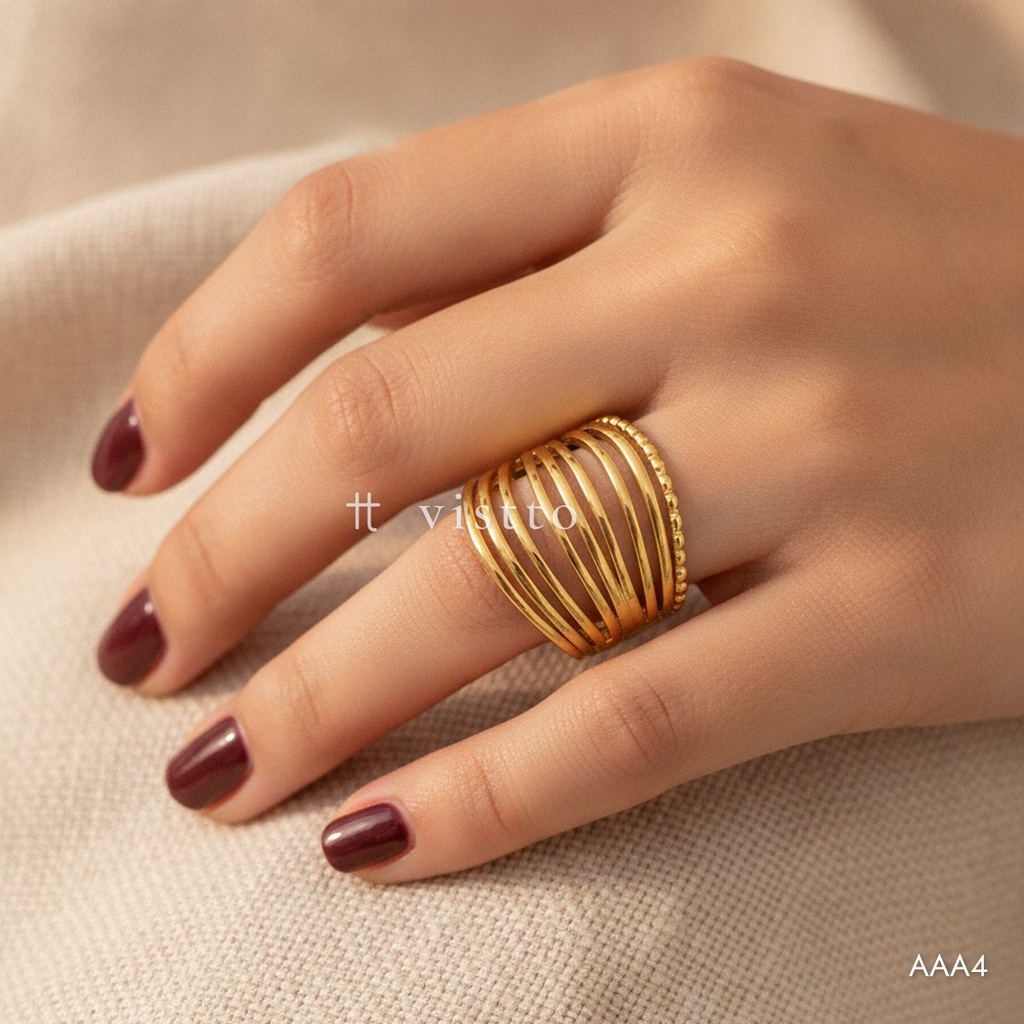 Anillo dorado abierto, bandas finas superpuestas