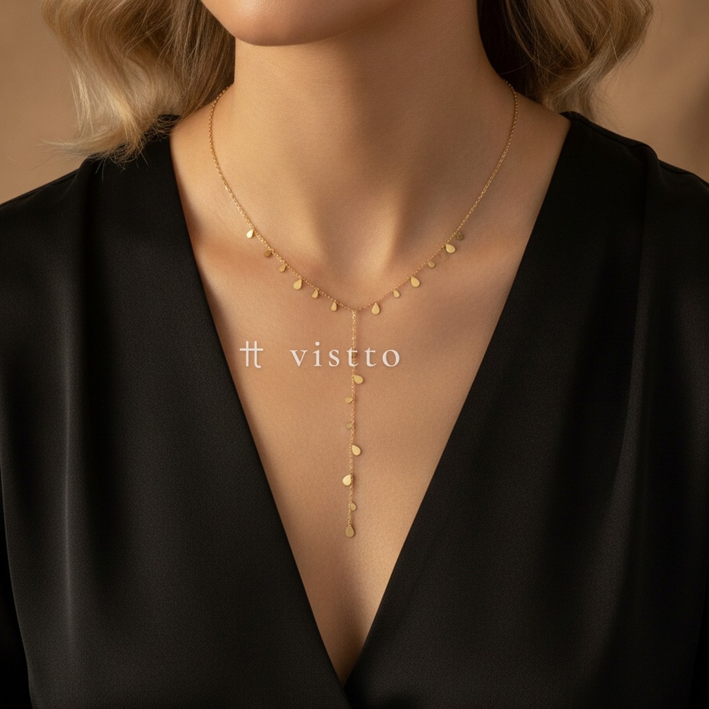 Collar dorado en forma de Y, cadena fina con pequeñas gotas planas a lo largo y caída central