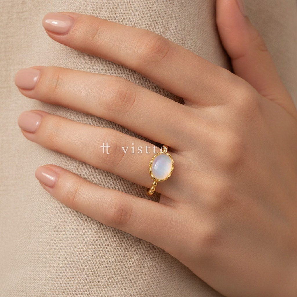 Anillo dorado fino, diseño de aro con esferas laterales y motivo frontal de piedra ovalada blanco lechoso