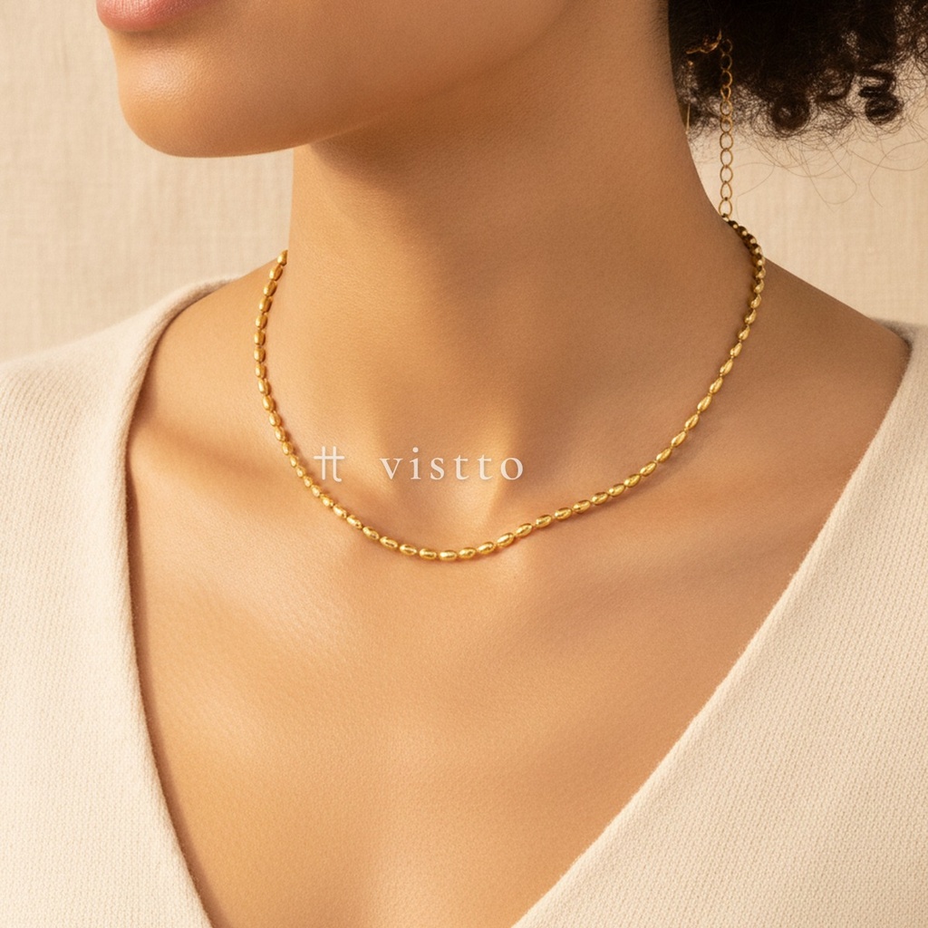 Collar dorado de cadena de cuentas ovaladas de 2 mm, con cierre de langosta y extensor