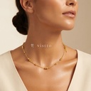 Collar dorado de cadena fina de eslabones redondos con pares de cuentas esféricas intercaladas, con cierre de langosta y extensor