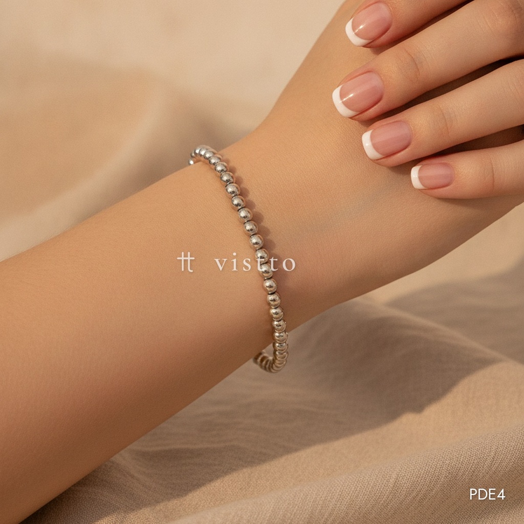 [PDE4] Pulsera plateada elástica, cuentas esféricas de 5 mm