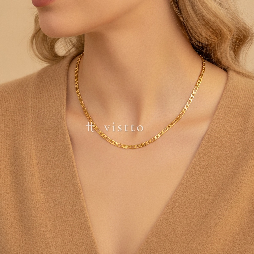 Collar dorado de cadena figaro de 3,8 mm de eslabones cortos y largos, con cierre de langosta y extensor