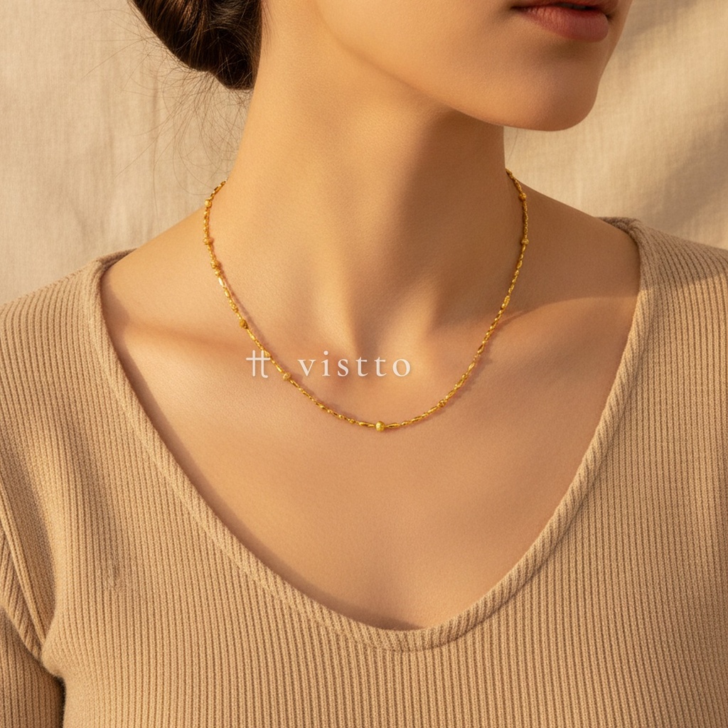 Collar dorado de cadena fina de cuentas ovaladas de 1,4 mm, con cierre de langosta y extensor