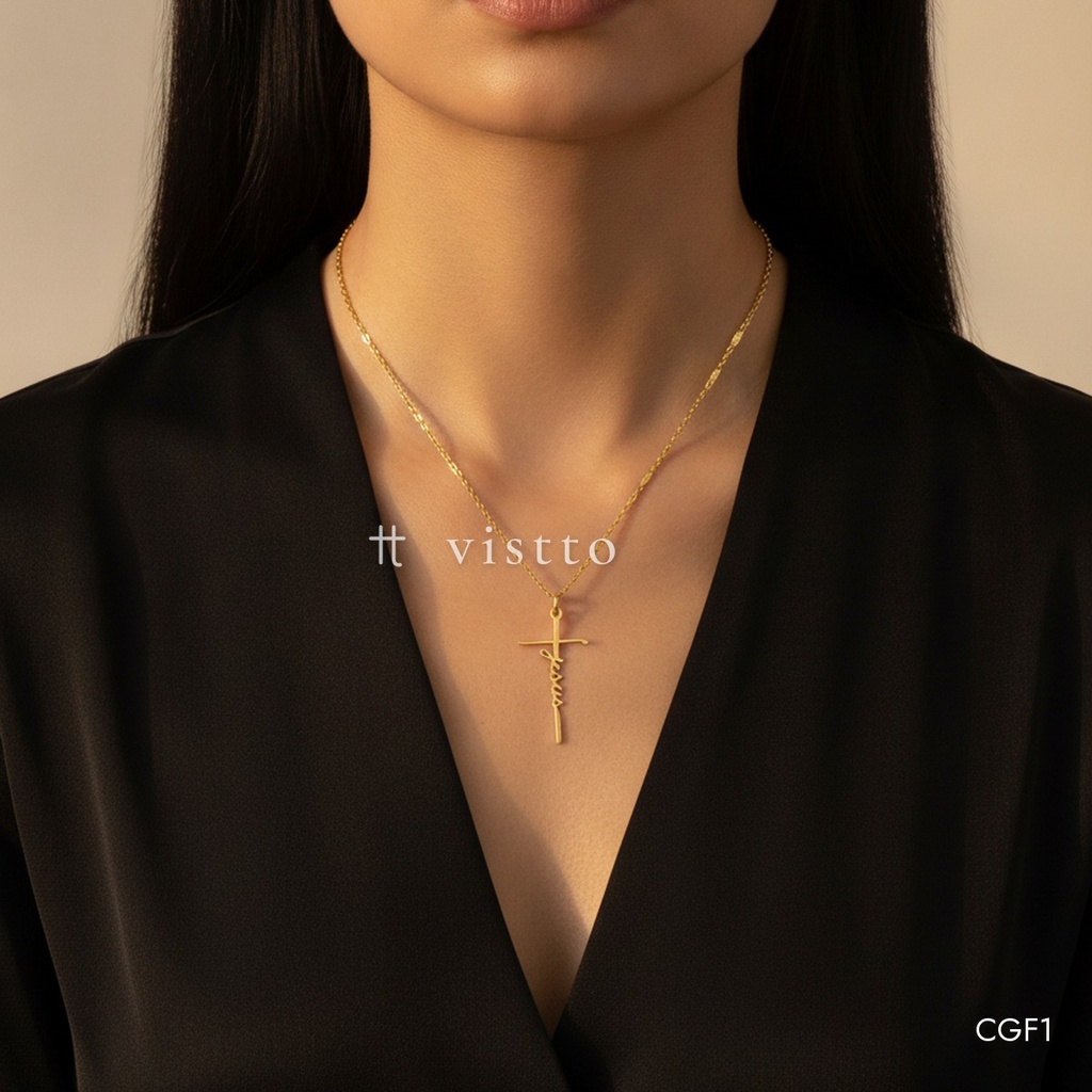 Collar dorado, cadena plana con cruz de la palabra Jesús