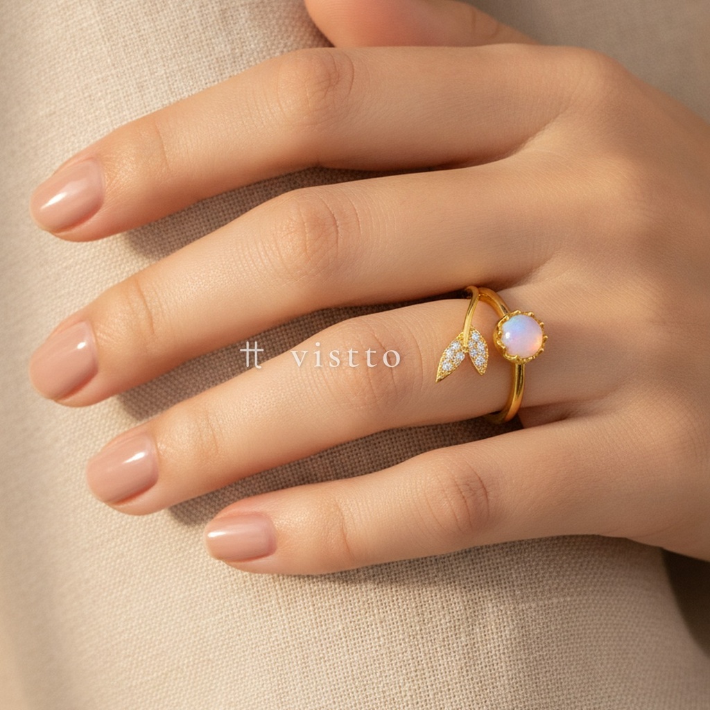 Anillo dorado fino y abierto, diseño envolvente con hoja de circonias transparentes y piedra redonda de tono opalino