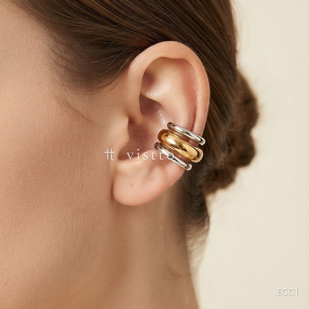 Earcuff bicolor, tres bandas, una dorada entre plateadas finas