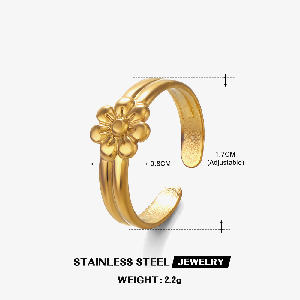 [A25] Anillo con flor de acero inoxidable 304 con recubrimiento PVD y chapado en oro 18k
