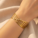 Pulsera dorada ancha y abierta, diseño de brazalete de hilos finos cruzados