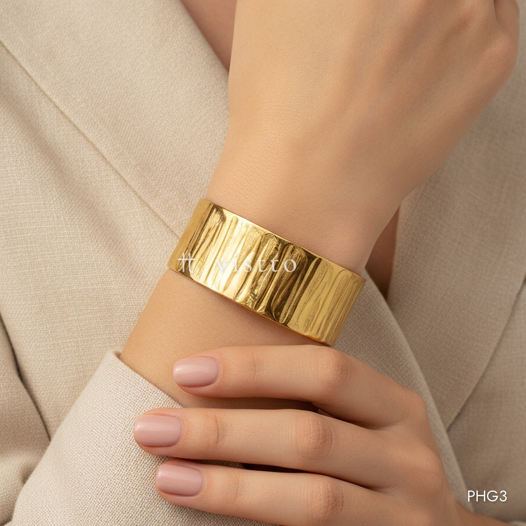 [PHG3] Pulsera dorada ancha, rígida, textura de corteza