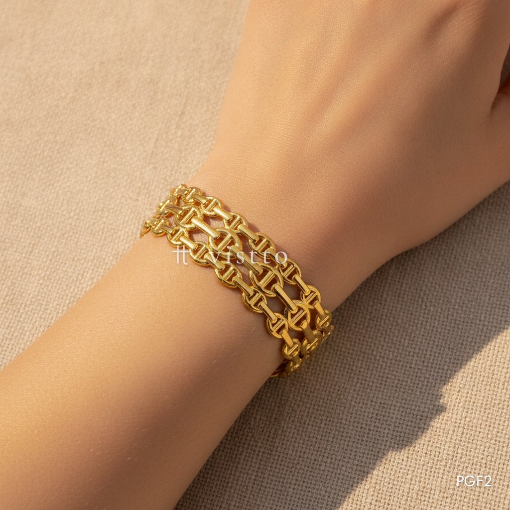 [PGF2] Pulsera dorada rígida, triple hilera de eslabones entrelazados