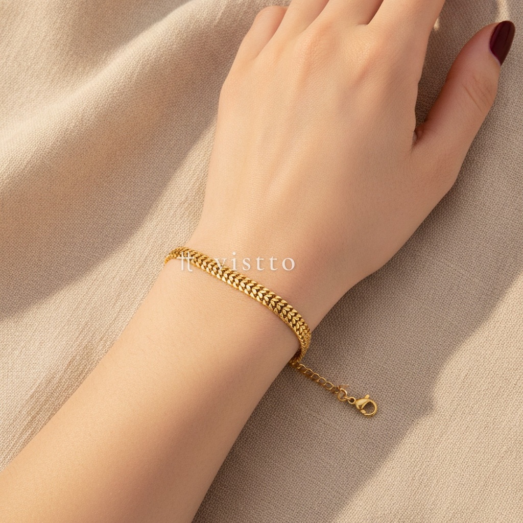 Pulsera dorada ancha con cierre de langosta y extensor, diseño de doble hilera de cadena barbada plana