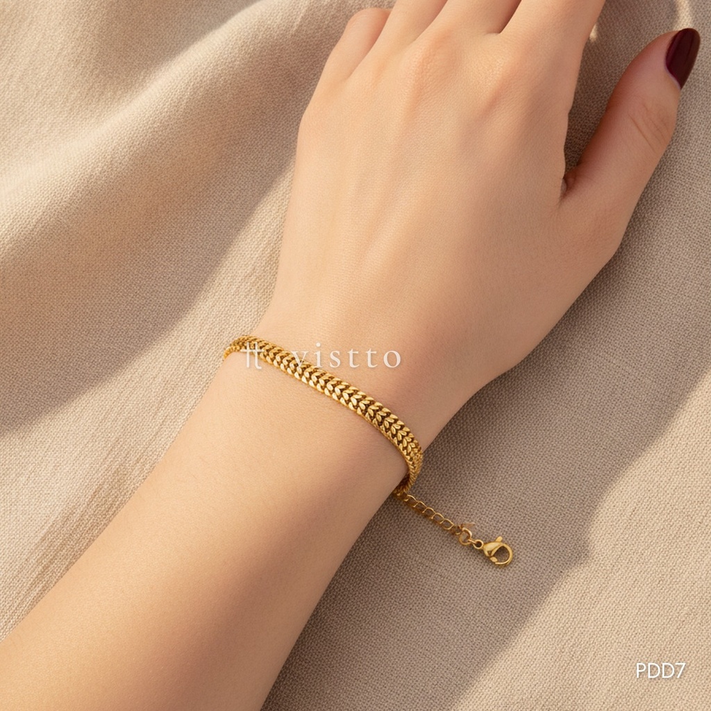 Pulsera dorada, doble hilera de cadena barbada plana ancha