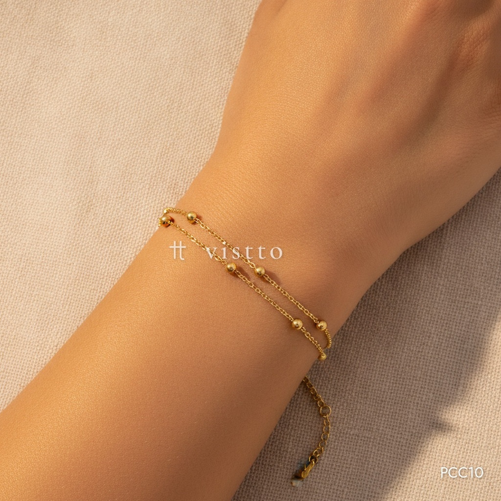 [PCC10] Pulsera dorada, doble cadena de eslabones con cuentas esféricas
