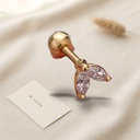 Zarcillos dorados de botón, diseño de dos hojas con circonias transparentes en talla marquesa y cierre de rosca con bola