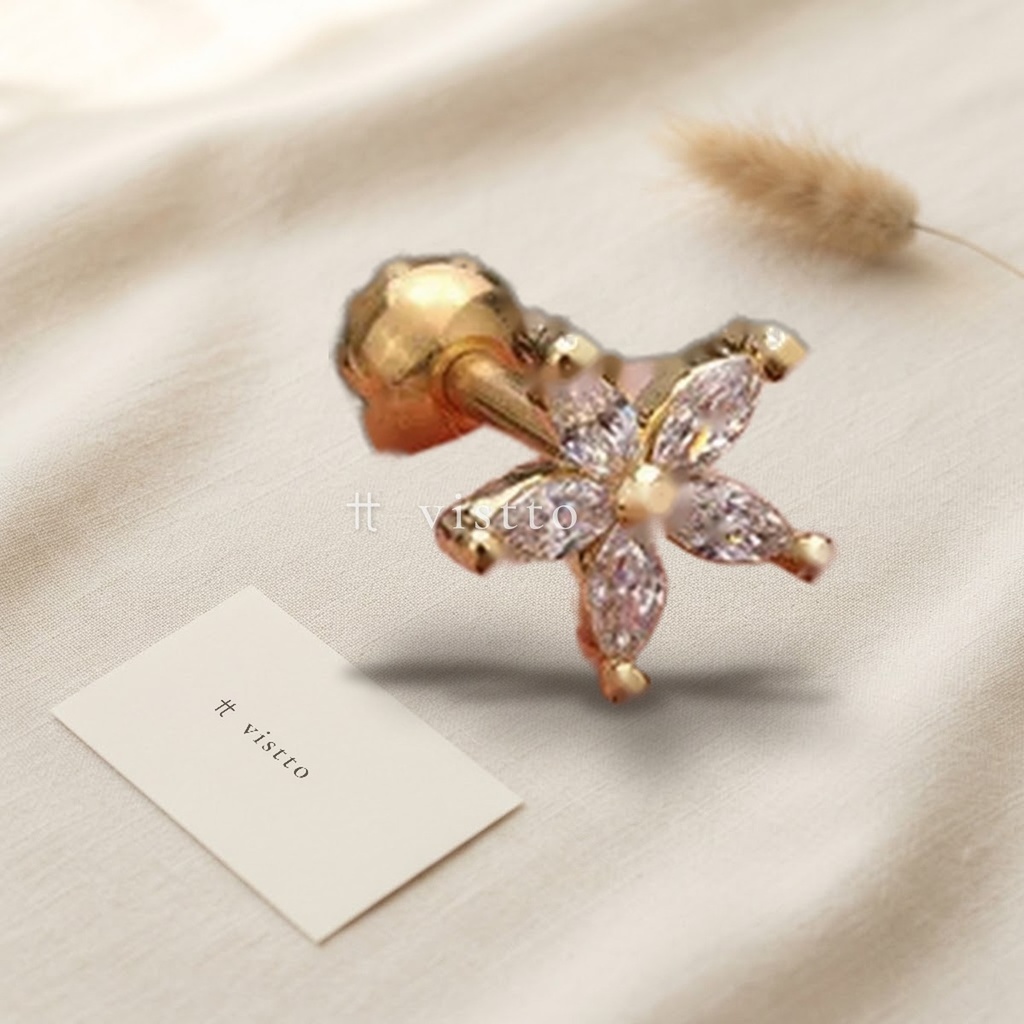 Zarcillos dorados de botón, diseño de flor con pétalos de circonias transparentes en talla marquesa y cierre de rosca con bola