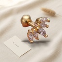 Zarcillos dorados de botón, diseño de abanico de hojas con cinco circonias transparentes en talla marquesa y cierre de rosca con bola
