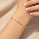 Pulsera dorada fina con cierre de langosta y extensor, diseño de cadena de pequeños discos con grabado radial