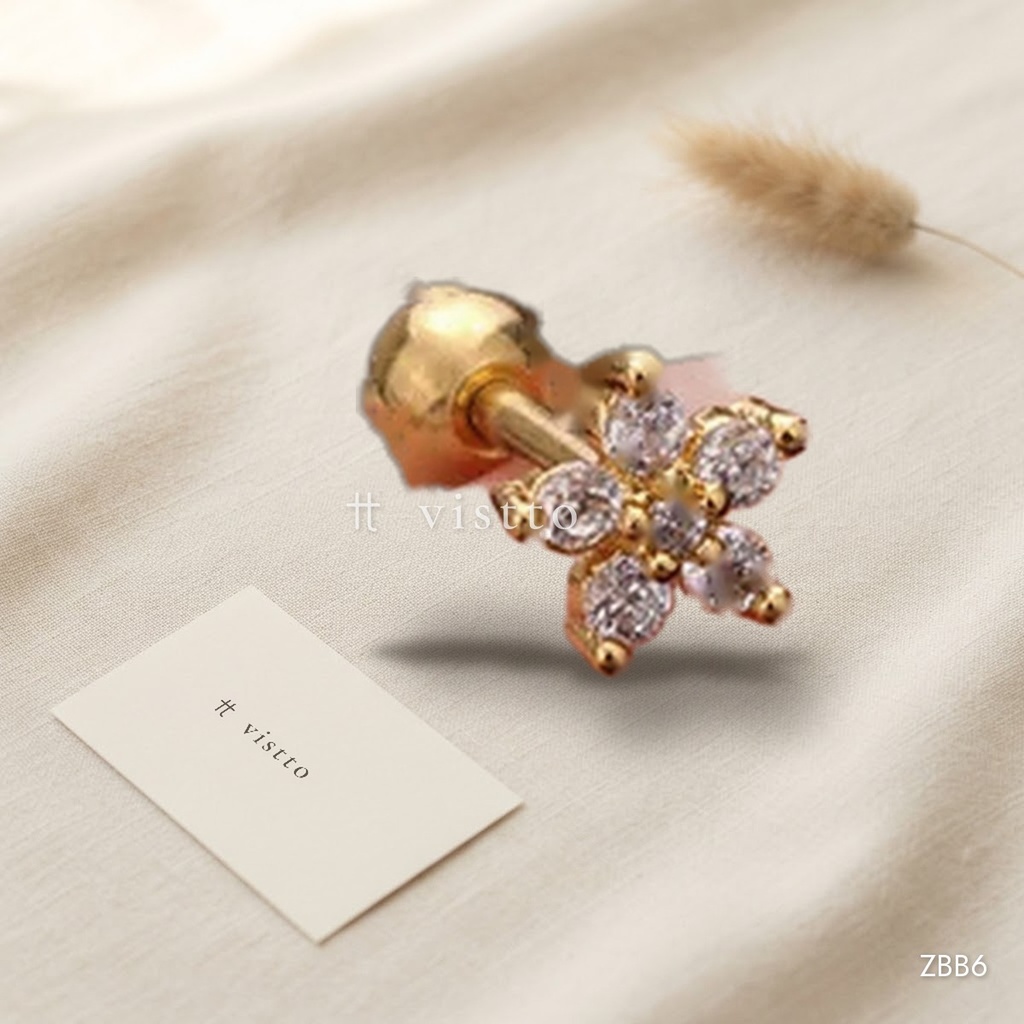 [ZBB6] Zarcillos dorados de botón, flor de circonias