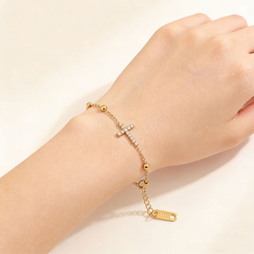 [NH50918485] Pulsera con cruz de acero inoxidable 316 con recubrimiento PVD y chapado en oro 18k