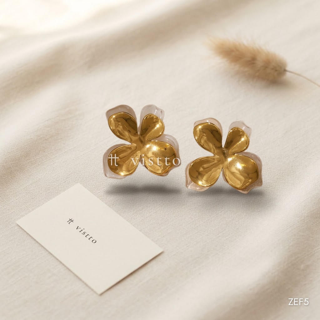 [ZEF5] Zarcillos dorados de poste, flor con borde translúcido