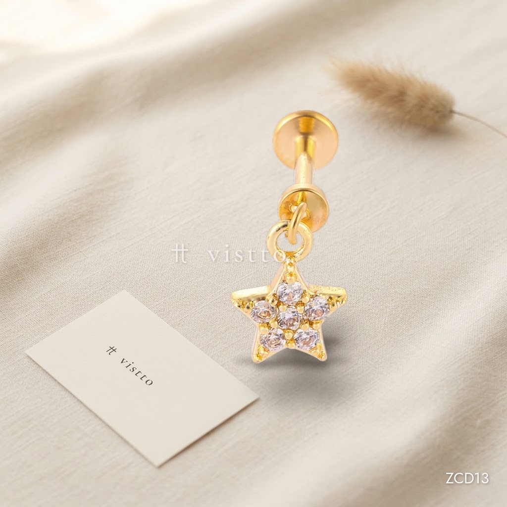 [ZCD13] Zarcillos dorados labret, dije de estrella de circonias