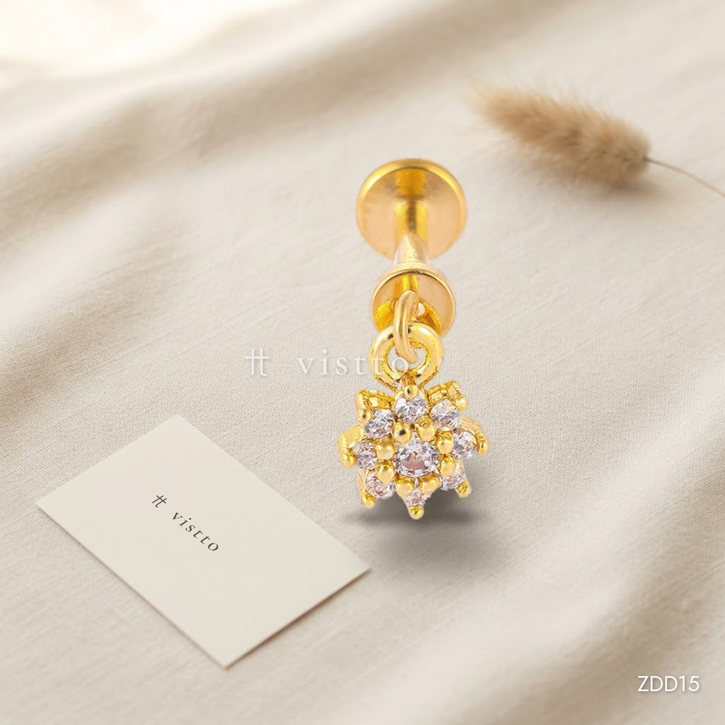 [ZDD15] Zarcillos dorados labret, dije de flor de circonias