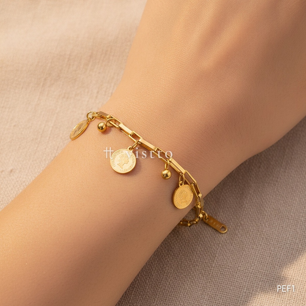 [PEF1] Pulsera dorada, eslabones alargados con tres monedas colgantes