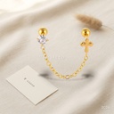 Zarcillos dorados de doble piercing, cruz con circonia