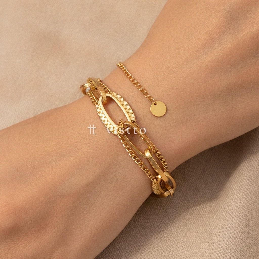 Pulsera dorada ancha con cierre de langosta y extensor, diseño de doble cadena de eslabones ovalados planos y cadena barbada