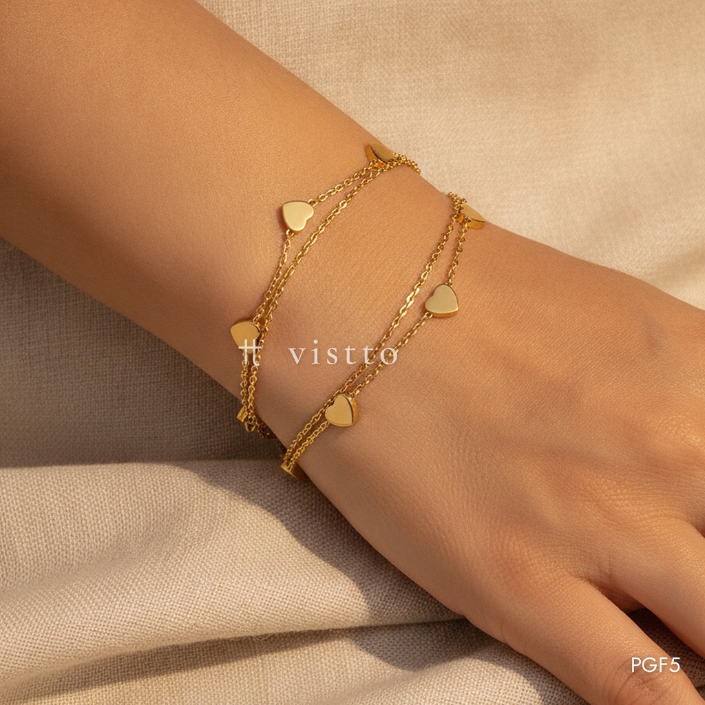 [PGF5] Pulsera dorada, doble cadena fina con corazones