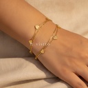 Pulsera dorada fina, diseño de doble cadena con pequeños corazones lisos y cierre de langosta con extensor