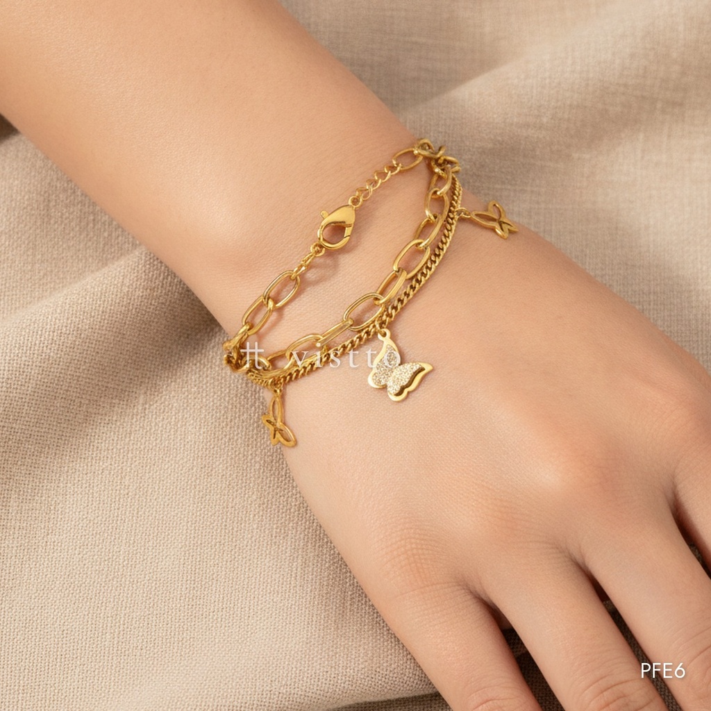 Pulsera dorada, doble cadena con cinco colgantes de mariposa