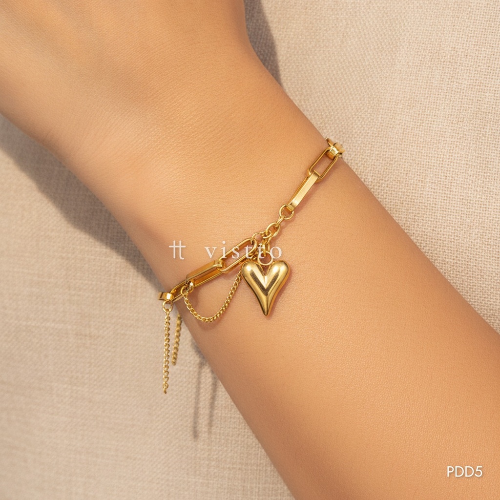 [PDD5] Pulsera dorada, cadena mixta con corazón colgante