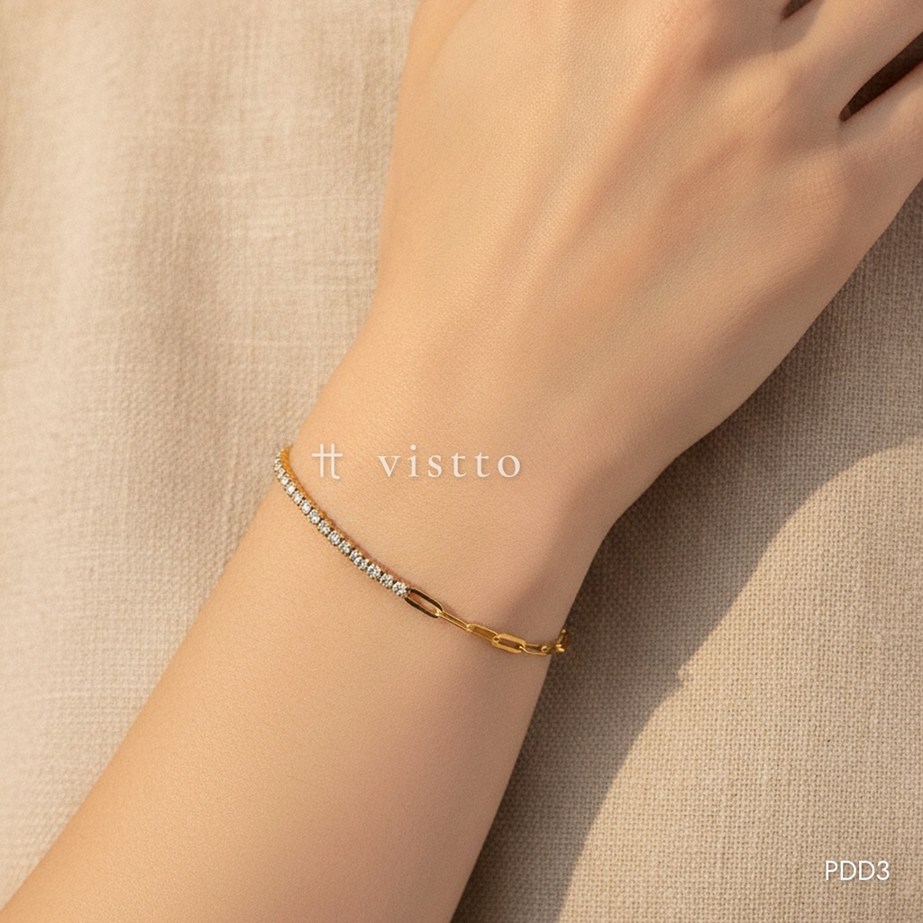 Pulsera dorada, cadena de eslabones y hilera de circonias