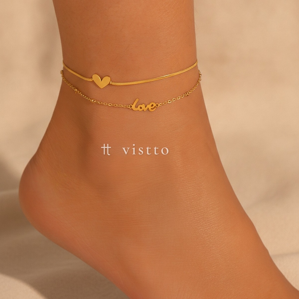 Tobillera dorada de doble capa, diseño de cadena plana con corazón y cadena fina con la palabra Love