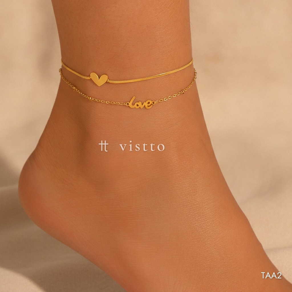 Tobillera dorada, doble capa con corazón y palabra Love