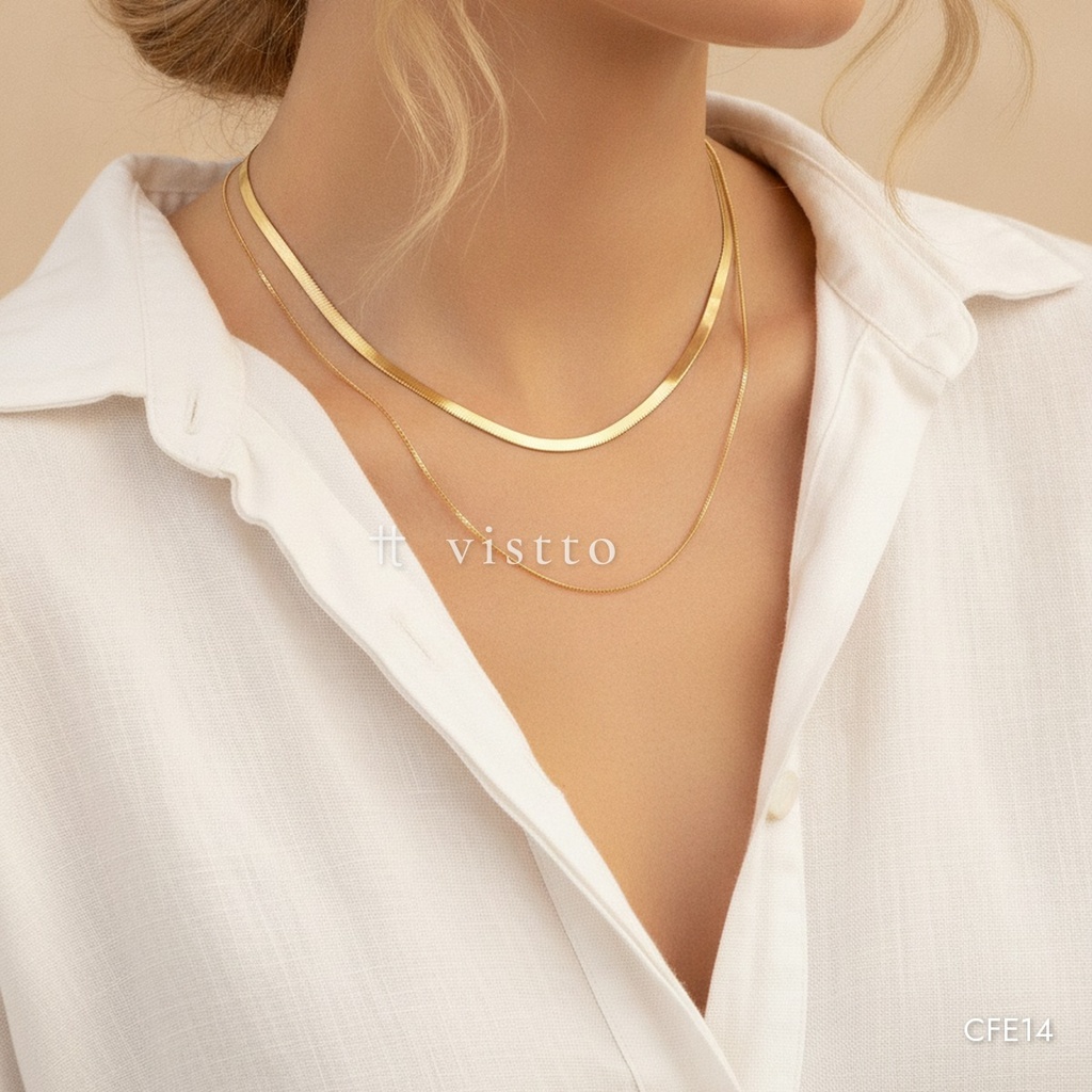 [CFE14] Collar dorado, doble cadena de espiga y serpiente fina